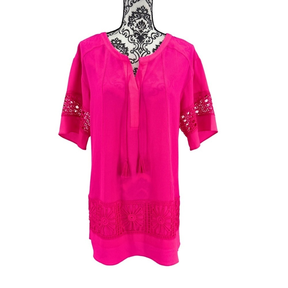 Gibson & Latimer Hot Pink Crochet Trim Swim Cover Up Resort Beach Tunic Top